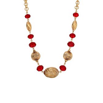 1928 Gold Tone Faceted Red Bead Fluted Bead Necklace