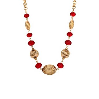 1928 Gold Tone Faceted Red Bead Fluted Bead Necklace