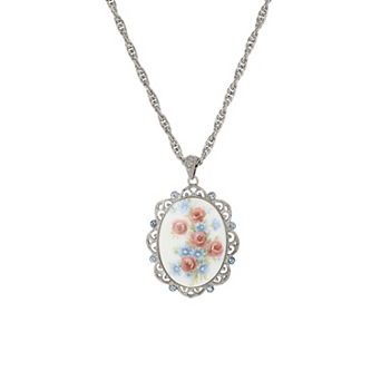 1928 Silver Tone Oval Floral Stone Blue Crystal Pendant Necklace