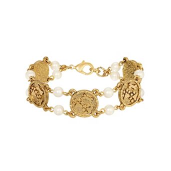 1928 Gold Tone Dog Paws & Bone Faux Pearl Bead Bracelet