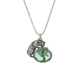 1928 Silver Tone Pewter Cat & Green Fishbowl Pendant Necklace