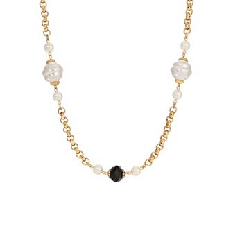 1928 Gold Tone Faux Pearl Black Bead Necklace