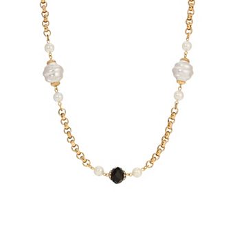 1928 Gold Tone Faux Pearl Black Bead Necklace