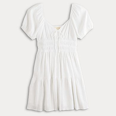 Juniors' Rewind Puff Sleeve Tie-Front Skater Mini Dress