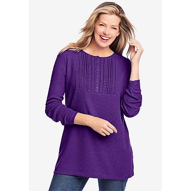 Woman Within Plus Size Waffle Thermal Lace Bib Henley Tee