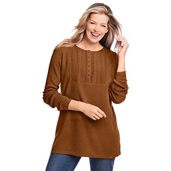 Woman Within Plus Size Waffle Thermal Lace Bib Henley Tee