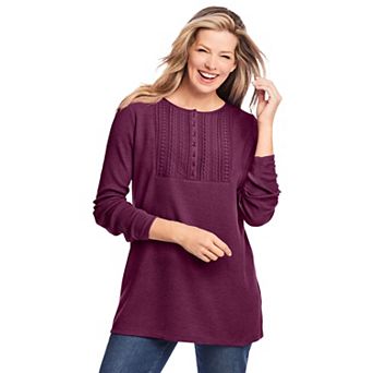 Woman Within Plus Size Waffle Thermal Lace Bib Henley Tee