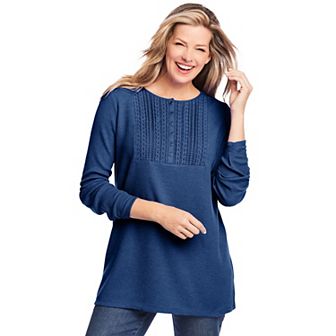 Woman Within Plus Size Waffle Thermal Lace Bib Henley Tee