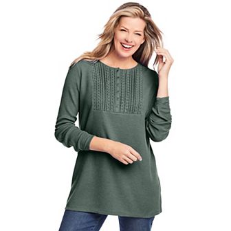 Woman Within Plus Size Waffle Thermal Lace Bib Henley Tee