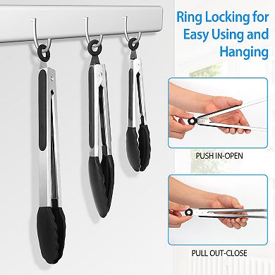 3Pcs Stainless Steel Kitchen Tongs with Silicone Tips Locking, BPA-Free, Heat-Resistant BBQ Tongs