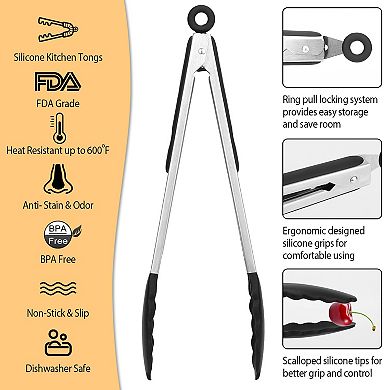 3Pcs Stainless Steel Kitchen Tongs with Silicone Tips Locking, BPA-Free, Heat-Resistant BBQ Tongs