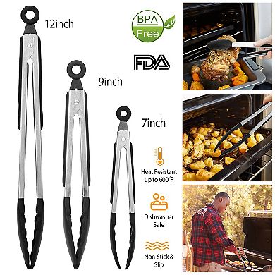 3Pcs Stainless Steel Kitchen Tongs with Silicone Tips Locking, BPA-Free, Heat-Resistant BBQ Tongs