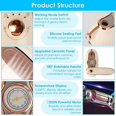 1200W Foldable Handheld Garment Steamer, Wet/Dry Ironing, Portable Clothes Wrinkle Remover with Temp