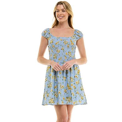 Juniors' Lily Rose Smocked Squareneck Cap Sleeve Floral Mini Dress