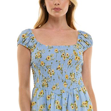 Juniors' Lily Rose Smocked Squareneck Cap Sleeve Floral Mini Dress