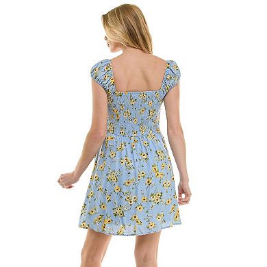 Juniors' Lily Rose Smocked Squareneck Cap Sleeve Floral Mini Dress