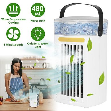 4-in-1 Portable Air Conditioner Fan Evaporative Water Mist Cooler with 3 Speeds & Nightlight