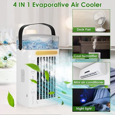 4-in-1 Portable Air Conditioner Fan Evaporative Water Mist Cooler with 3 Speeds & Nightlight