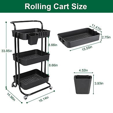 3-Tier Rolling Utility Cart with Mesh Baskets, Lockable Wheels & Hooks for Home Storage