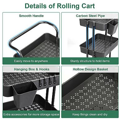 3-Tier Rolling Utility Cart with Mesh Baskets, Lockable Wheels & Hooks for Home Storage