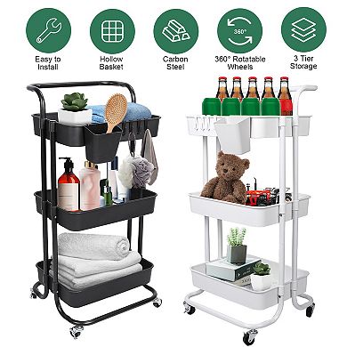 3-Tier Rolling Utility Cart with Mesh Baskets, Lockable Wheels & Hooks for Home Storage
