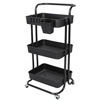 3 tier Rolling Utility Cart with Mesh Baskets, Lockable Wheels & Hooks for Home Storage