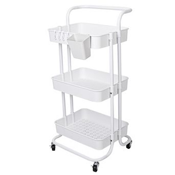 3 tier Rolling Utility Cart with Mesh Baskets, Lockable Wheels & Hooks for Home Storage