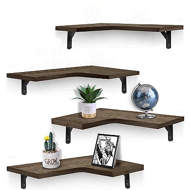 4 Pack Corner Floating Shelves Wall Mount Storage Organizer Wood Metal for Bedroom Living Room