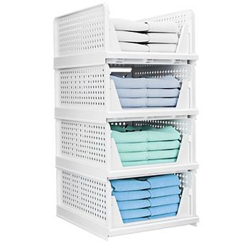 4 Pack Plastic Storage Boxes Foldable Stackable Closet Organizer Bins with Slide Rails