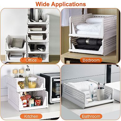 4 Pack Plastic Storage Boxes Foldable Stackable Closet Organizer Bins with Slide Rails
