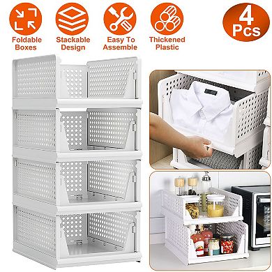 4 Pack Plastic Storage Boxes Foldable Stackable Closet Organizer Bins with Slide Rails