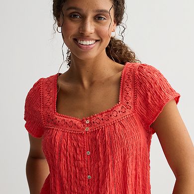 Juniors' Rewind Textured Button Front Ruffle Top