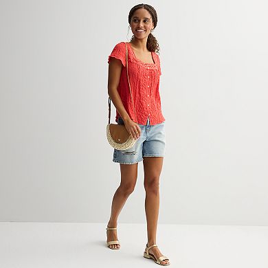 Juniors' Rewind Textured Button Front Ruffle Top