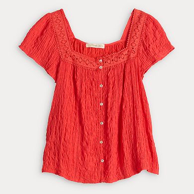 Juniors' Rewind Textured Button Front Ruffle Top