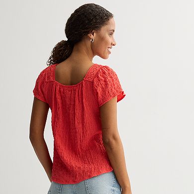 Juniors' Rewind Textured Button Front Ruffle Top