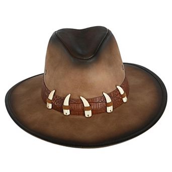Kenny K Men's Distressed Faux Leather Western Hat With Faux Animal Teeth