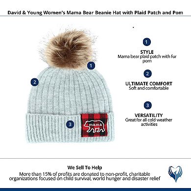 David & Young Women's Mama Bear Beanie Hat With Plaid Patch And Pom