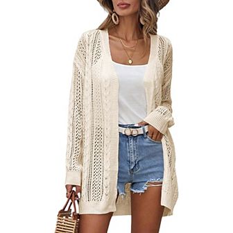 Womens Crochet Lightweight Cardigans Long Sleeve Open Front Kimonos Boho Summer Sweater Cover Up