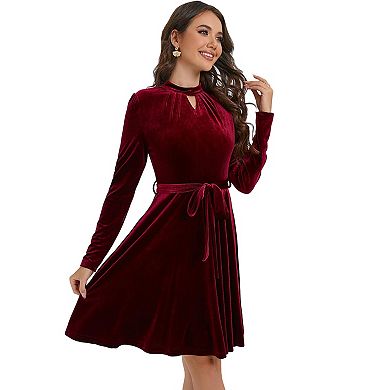 Women's Velvet Vintage Tea Dress Fall Long Sleeve Wedding Guest Short Wrap Tunic Formal Dress