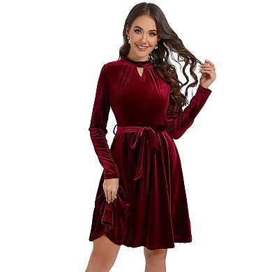 Women's Velvet Vintage Tea Dress Fall Long Sleeve Wedding Guest Short Wrap Tunic Formal Dress