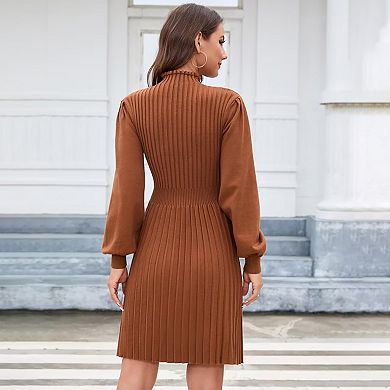 Womens Long Lantern Sleeve Sweater Dress Turtleneck Ribbed Knit Bodycon Mini A-Line Pullover Dresses