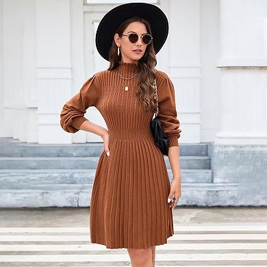 Womens Long Lantern Sleeve Sweater Dress Turtleneck Ribbed Knit Bodycon Mini A-Line Pullover Dresses