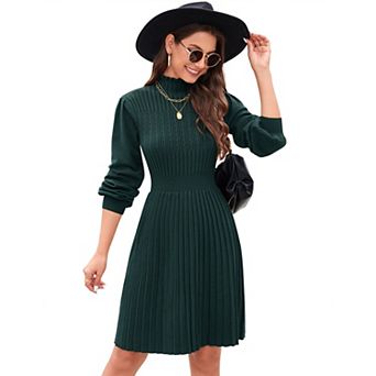 Womens Long Lantern Sleeve Sweater Dress Turtleneck Ribbed Knit Bodycon Mini A-Line Pullover Dresses