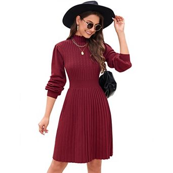 Womens Long Lantern Sleeve Sweater Dress Turtleneck Ribbed Knit Bodycon Mini A-Line Pullover Dresses