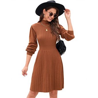 Womens Long Lantern Sleeve Sweater Dress Turtleneck Ribbed Knit Bodycon Mini A-Line Pullover Dresses