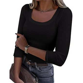 Women's Square Neck T-Shirts 3/4 Sleeve Slim Fit Tops Summer Casual Tops Ribbed Knit