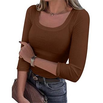 Women's Square Neck T-Shirts 3/4 Sleeve Slim Fit Tops Summer Casual Tops Ribbed Knit