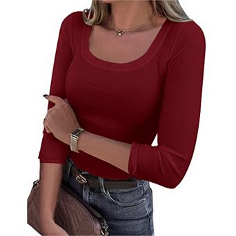 Women's Square Neck T-Shirts 3/4 Sleeve Slim Fit Tops Summer Casual Tops Ribbed Knit
