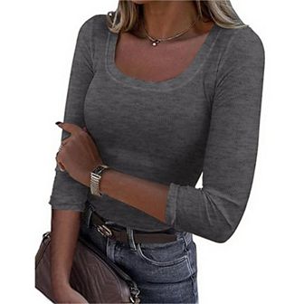Women's Square Neck T-Shirts 3/4 Sleeve Slim Fit Tops Summer Casual Tops Ribbed Knit