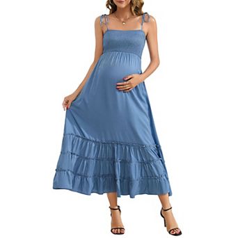 Sleeveless Maternity Dress Women's Summer Spaghetti Strap Smocked Tiered Flowy Maxi Dress